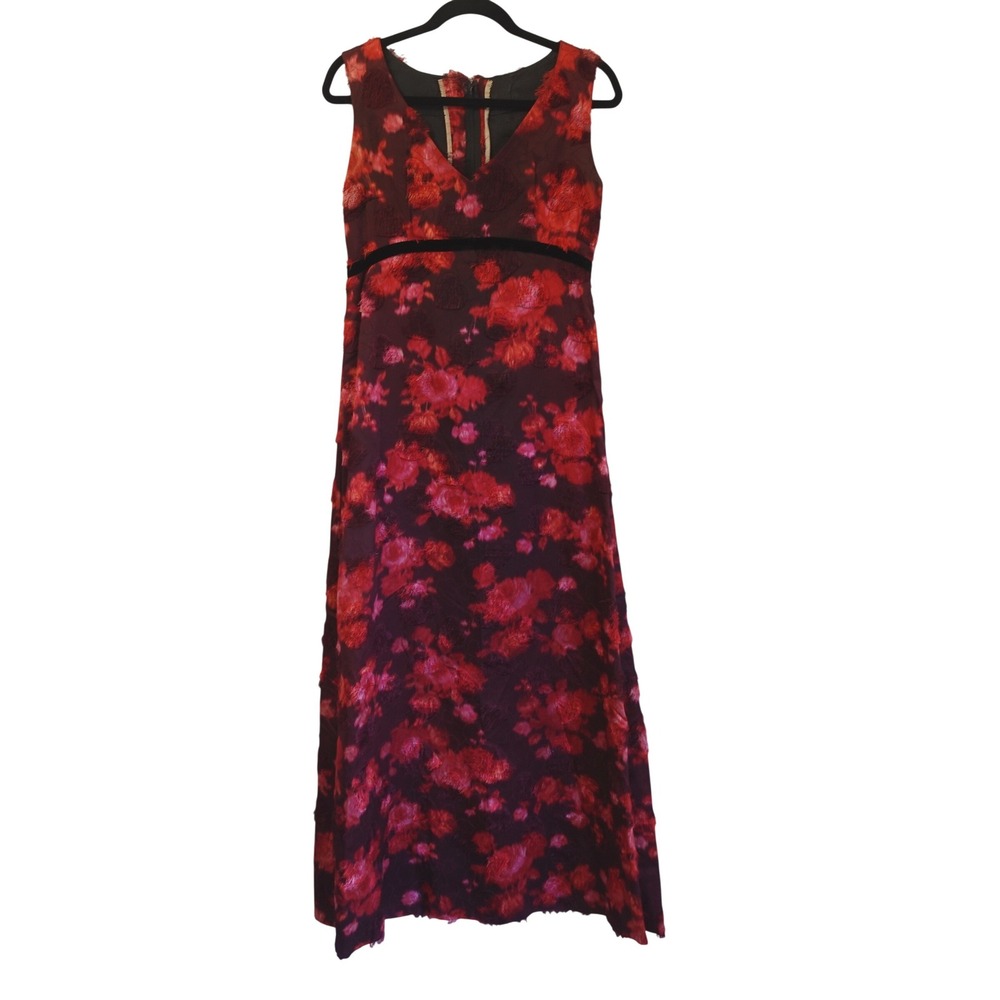 Vintage Handmade Red‎ Floral Fil Coupe Eyelash Maxi Dress Velvet Trim Sleeveless